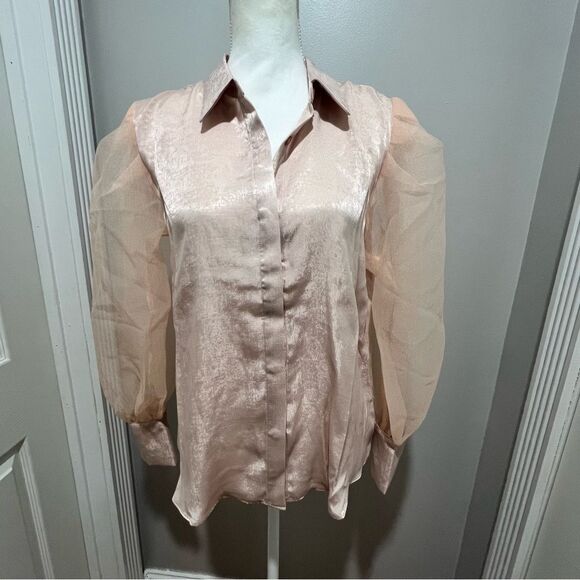 NWT Anthropologie Grey Lab organza sleeve button down blouse in blush sz medium - Picture 2 of 10